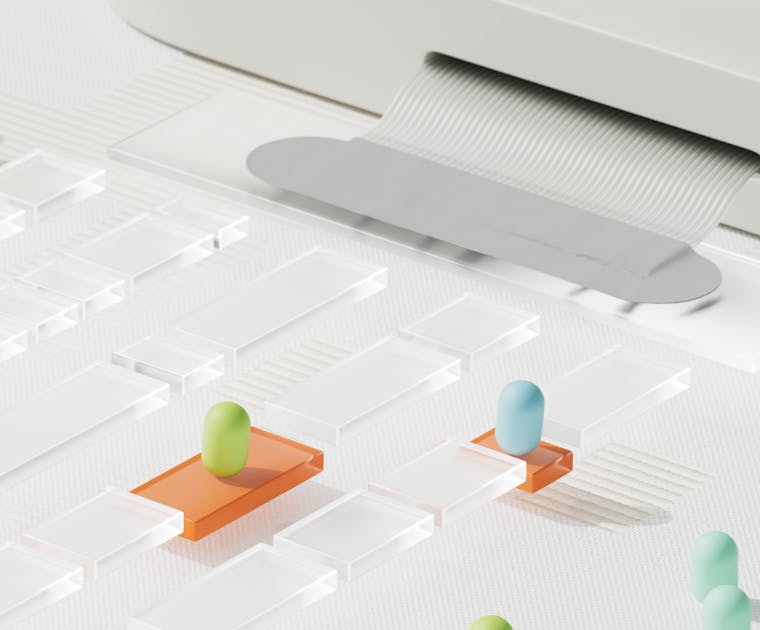 Abstract representation of AI ethics with pills on a clear pathway, symbolizing data sorting.