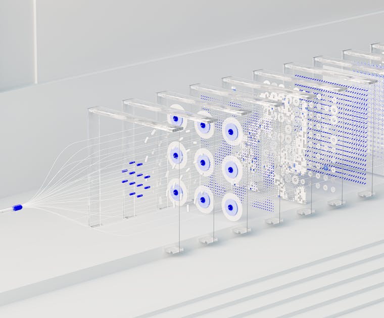 Visual abstraction of neural networks in AI technology, featuring data flow and algorithms.